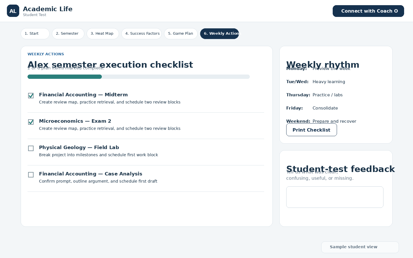 Weekly actions — Semester Success Planner